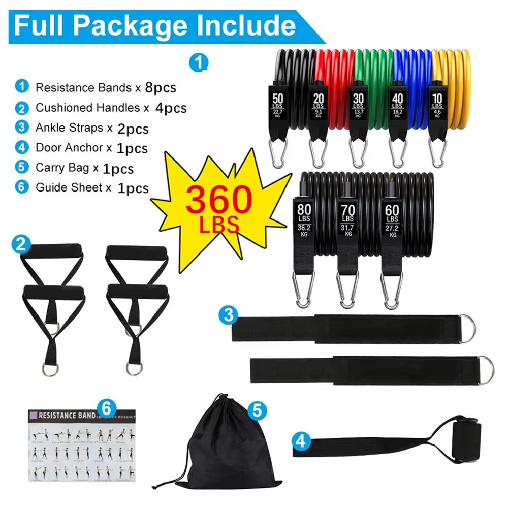 360 lbs Resistance Band Set for Fitness Training - Elastic Tubes and Yoga Bands for Home Gym Workouts